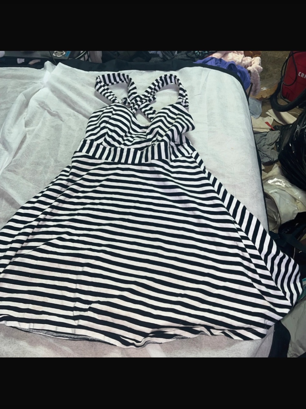 Striped Black and White Backless Halter Dress